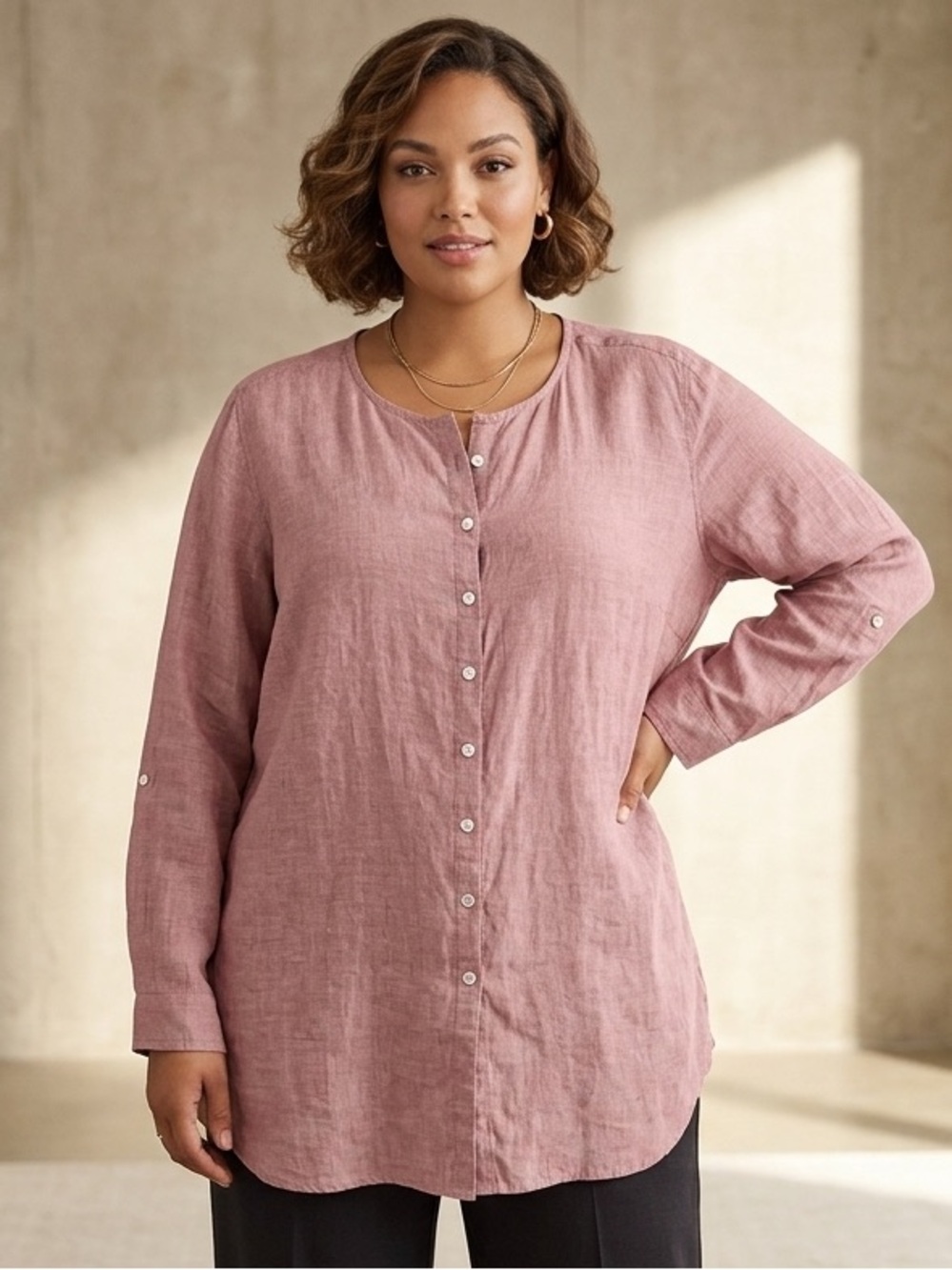 Tahari 100% Linen 2X Woman Dusty Rose Pink Button Front Long Sleeve Blouse Top